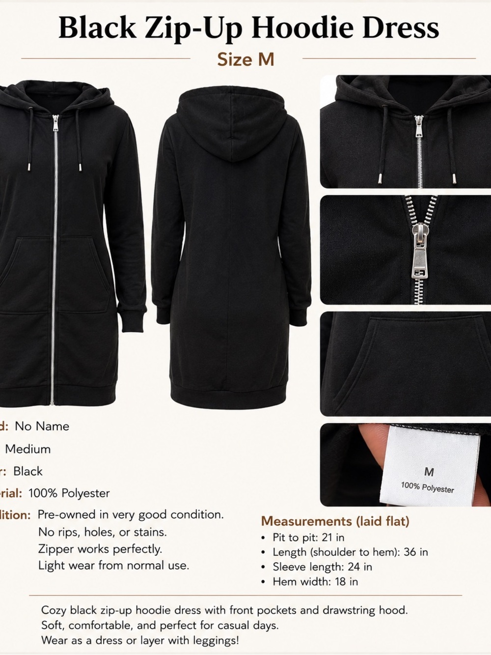 inkkas Black Zip-Up Hoodie Dress with Hood and Pockets